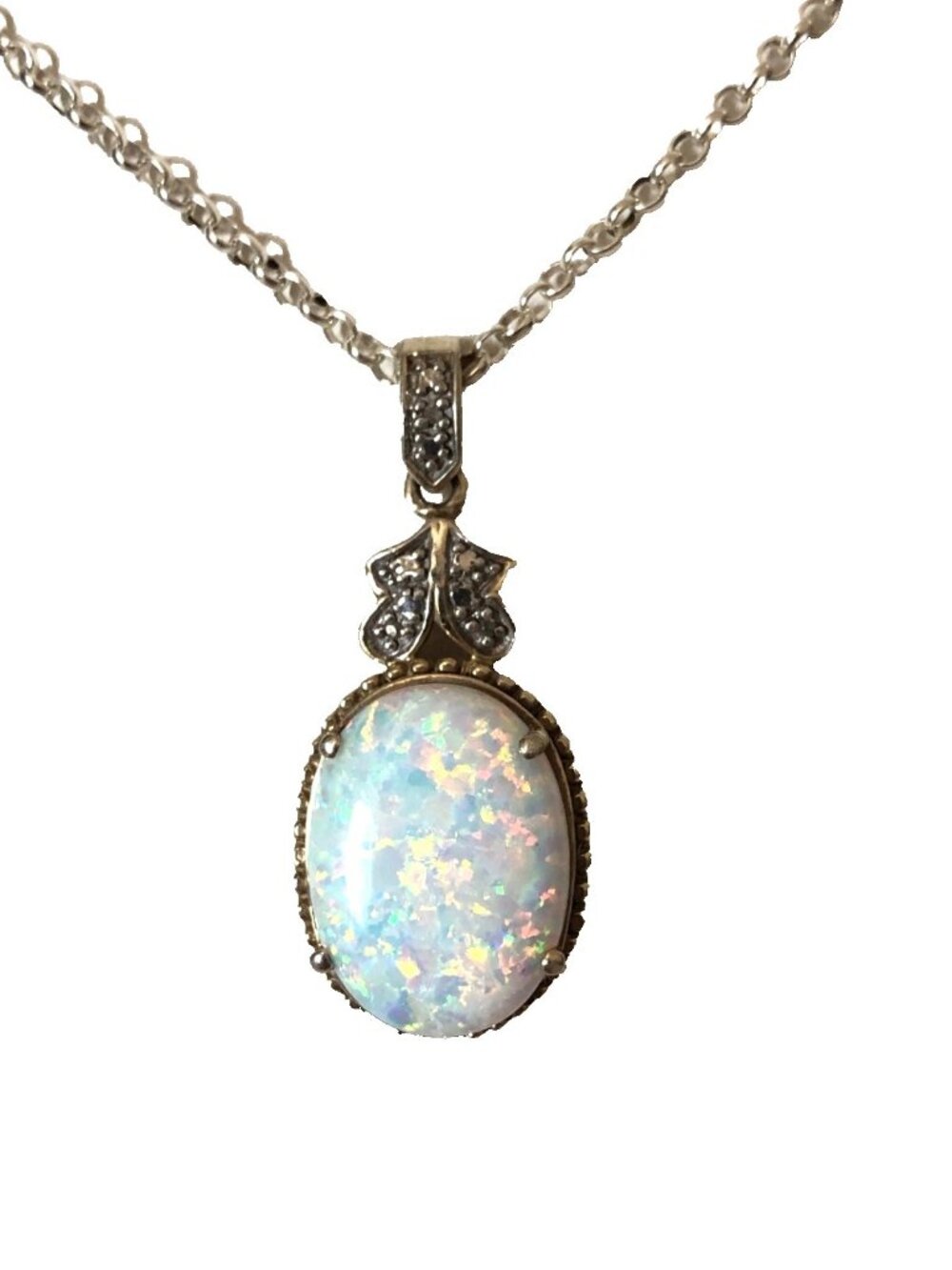 Gilson Opal Diamond Accent Sterling Silver Pendant Necklace Italian Chain 22"